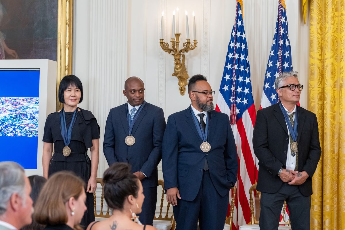 Suling Wang, Hank Willis Thomas, Robert Pruitt and Tony Abeyta at the Medal of Arts ceremony at the White House (Sheila Hicks did not attend)