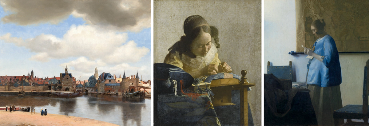 The three Vermeers which Van Gogh saw: View of Delft (1660-61), The Lacemaker (1666-68) and Woman in blue reading a Letter (1662-64).
Mauritshuis, The Hague; Louvre, Paris; and Rijksmuseum, Amsterdam
