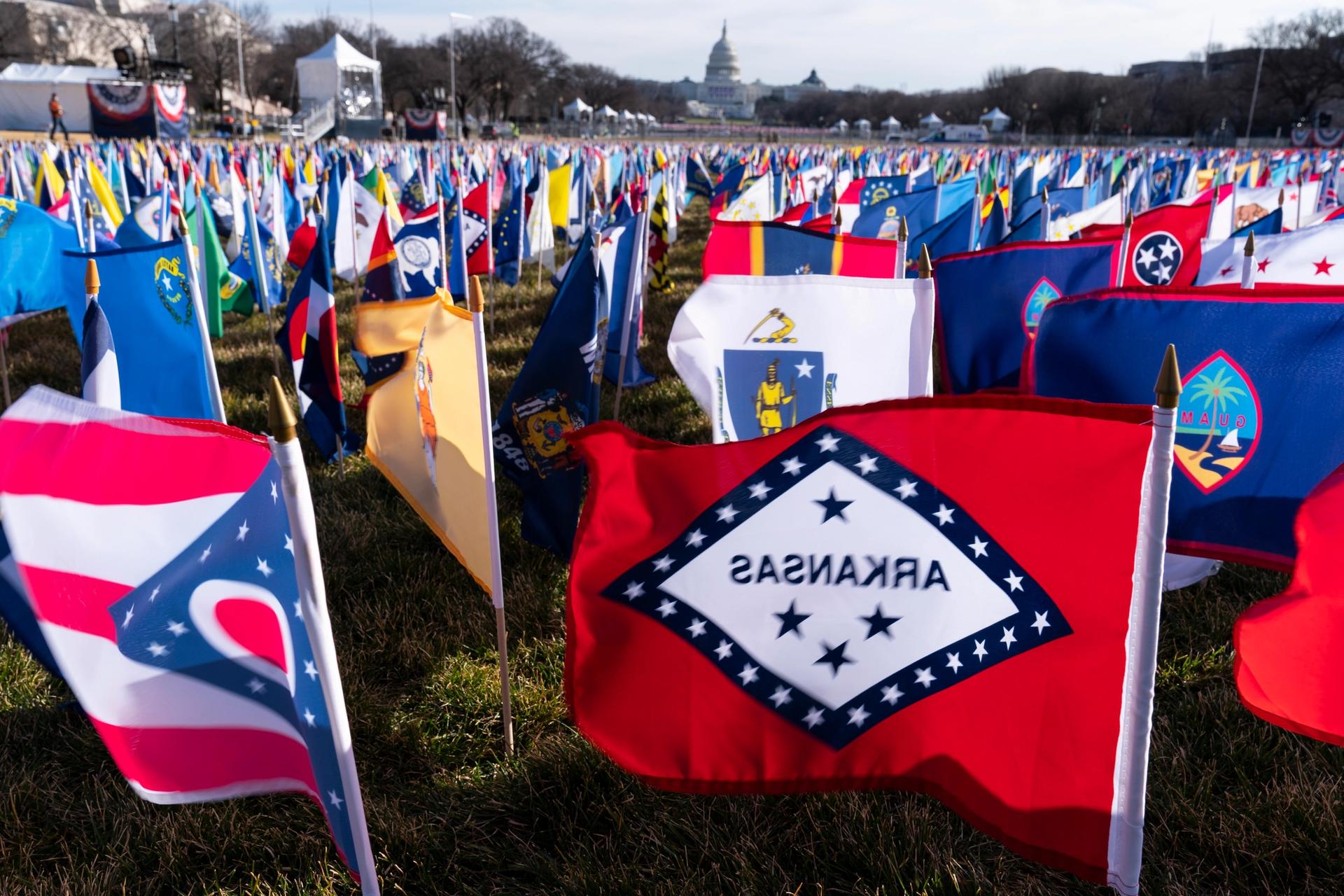 State flags are placed on the National Mall in Washington, DC, ahead of the inauguration of President-elect Joe Biden and Vice President-elect Kamala Harris Photo: AP/Alex Brandon