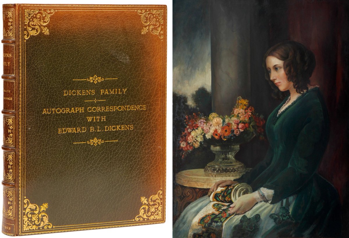 Left: the volume of unpublished letters
Right: Portrait of Catherine Dickens by Daniel Maclise (1847)
Book: Photo: Lewis Bush, courtesy of the Charles Dickens Museum. Portrait: Courtesy of the Charles Dickens Museum