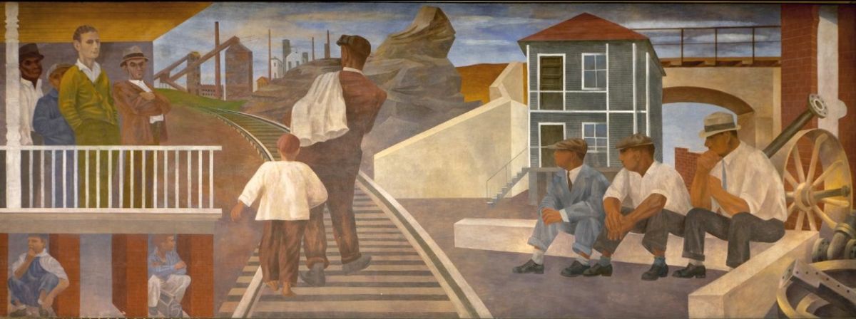 Ben Shahn’s The Meaning of Social Security (1940-42) is painted on a wall inside the Wilbur J. Cohen Federal Building, Washington, DC Courtesy Library of Congress