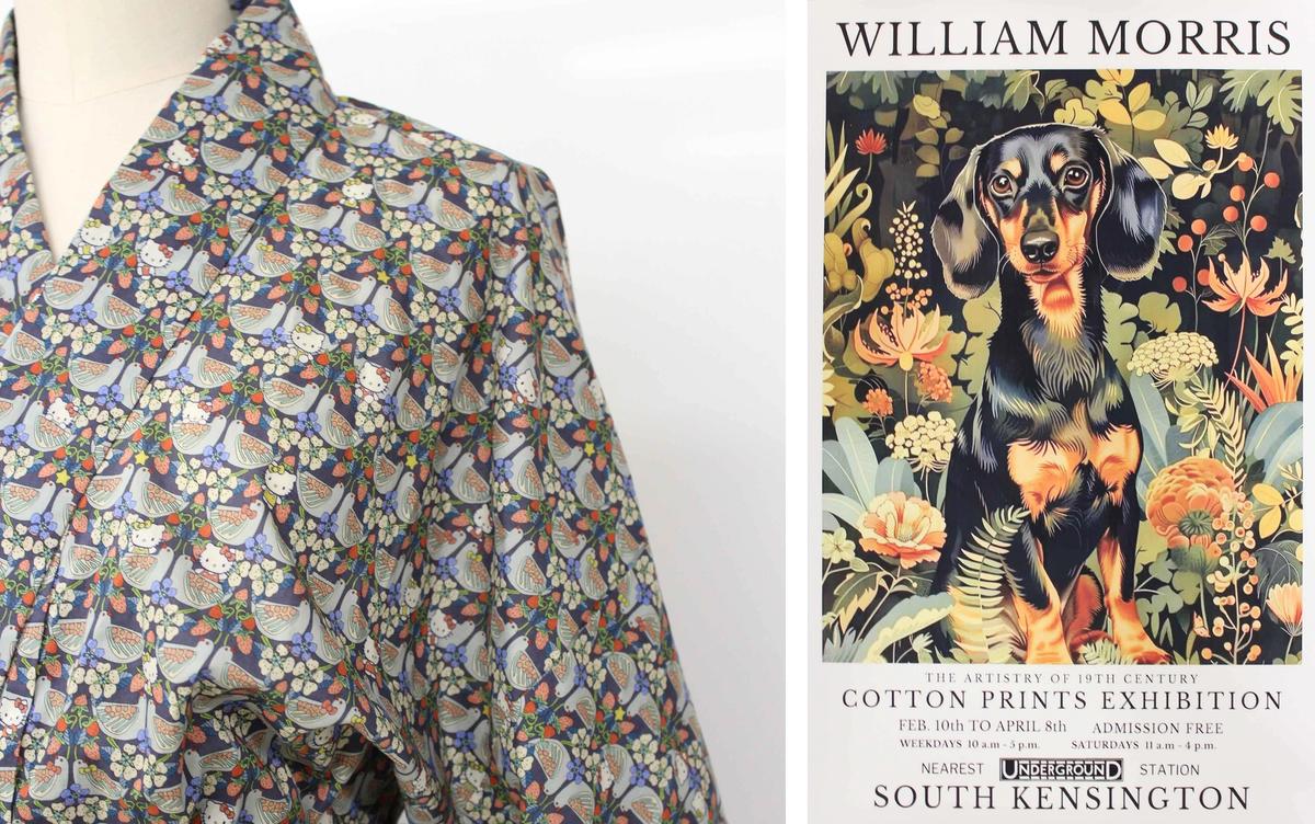 Left: a Morris-themed yukata featuring Hello Kitty figures. Right: An AI-generated poster from online marketplace Temu Courtesy of William Morris Gallery