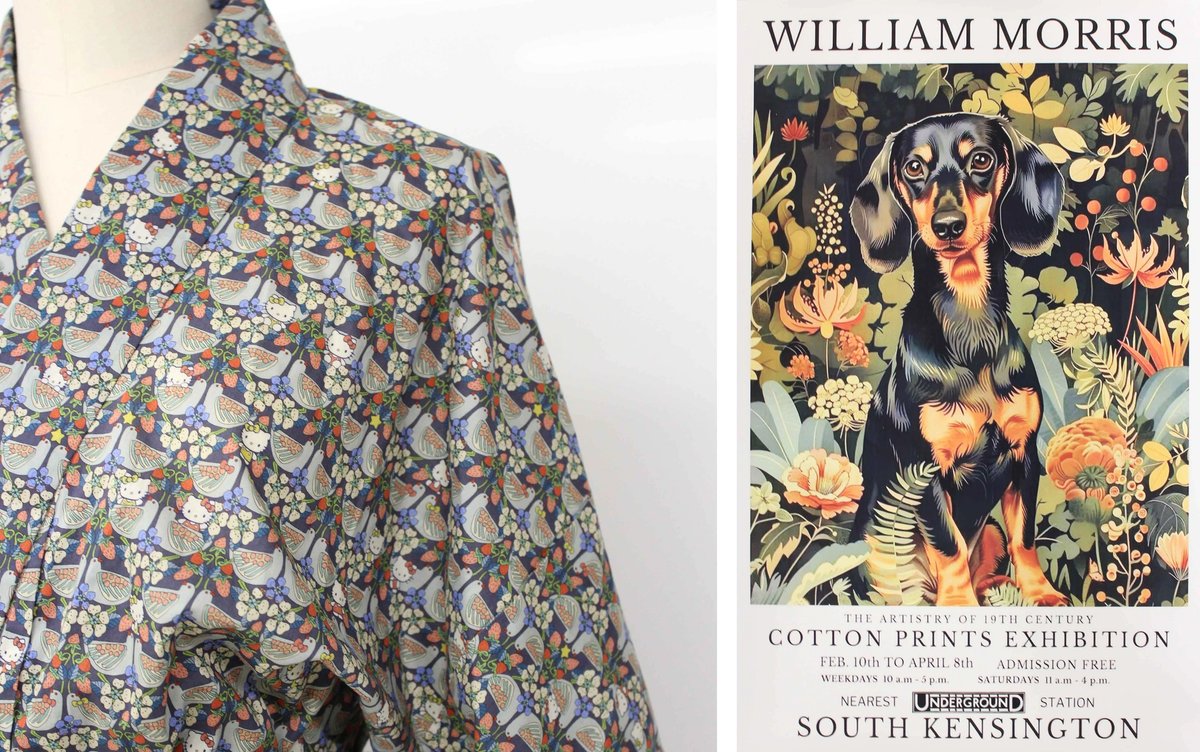 Left: a Morris-themed yukata featuring Hello Kitty figures. Right: An AI-generated poster from online marketplace Temu Courtesy of William Morris Gallery