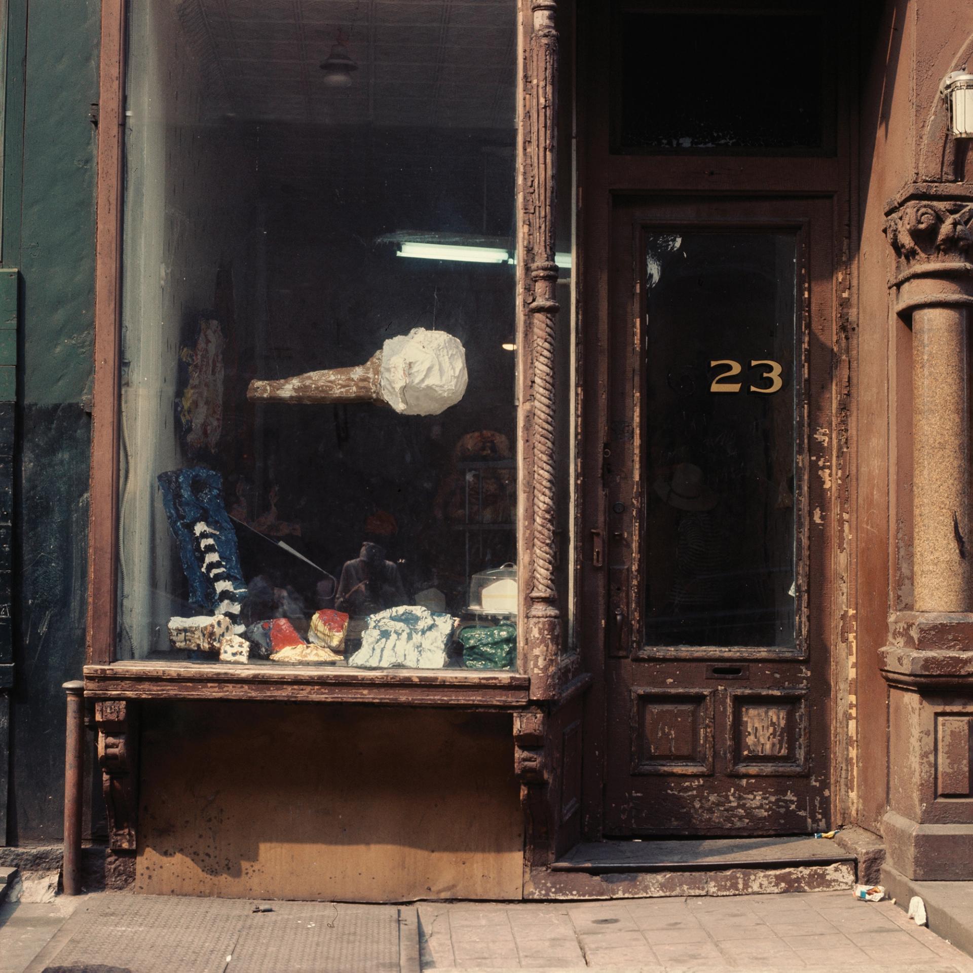 A photograph of Sturtevant's The Store of Claes Oldenburg (1967), at 623 East Ninth Street, New York. © Estate Sturtevant, Paris
