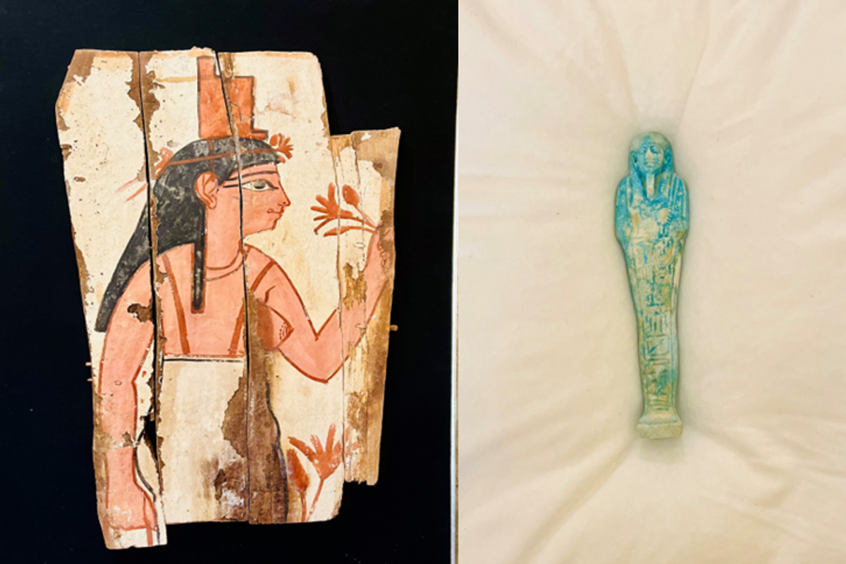 Two of the three returned objects: a painting of the goddess Isis from a sarcophagus, dated from the Roman period of 30BC to 642AD (left) and a faience shabti, or grave statue, for Ipethemetes from Thebes—understood to date from the 26th dynasty (664 to 525 BC) (right)
Courtesy of the Information and Heritage Inspectorate