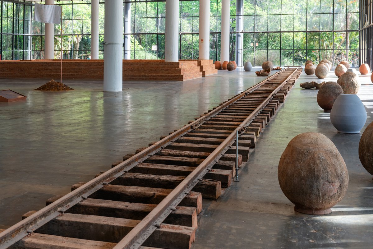 Installation view of the 35th Bienal de São Paulo, Choreographies of the Impossible, including Ibrahim Mahama’s installation Parliament of Ghosts (2023) © Levi Fanan / Fundação Bienal de São Paulo