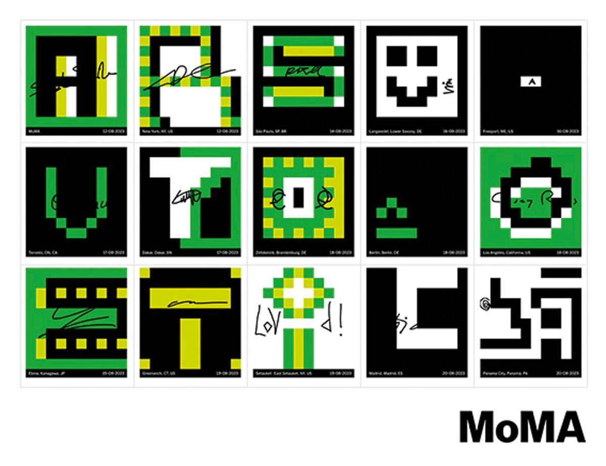 The MoMA Postcard pixel grid image Silver Convex Stroke, for which the poet Sasha Stiles was the “prompting artist”—the first of 15 co-owners and co-creators Courtesy MoMA