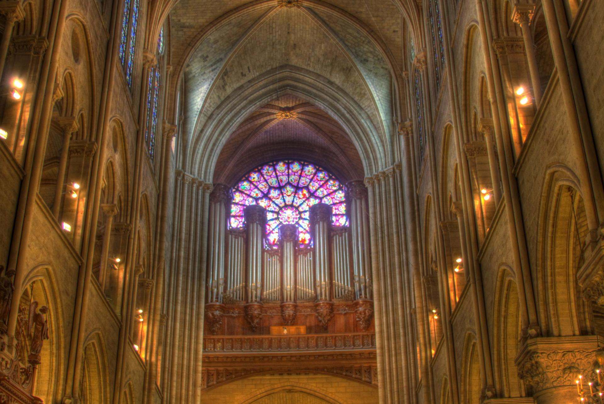 Notre Dame的盛大风琴管道与着名的玫瑰窗上面照片：克里斯等待