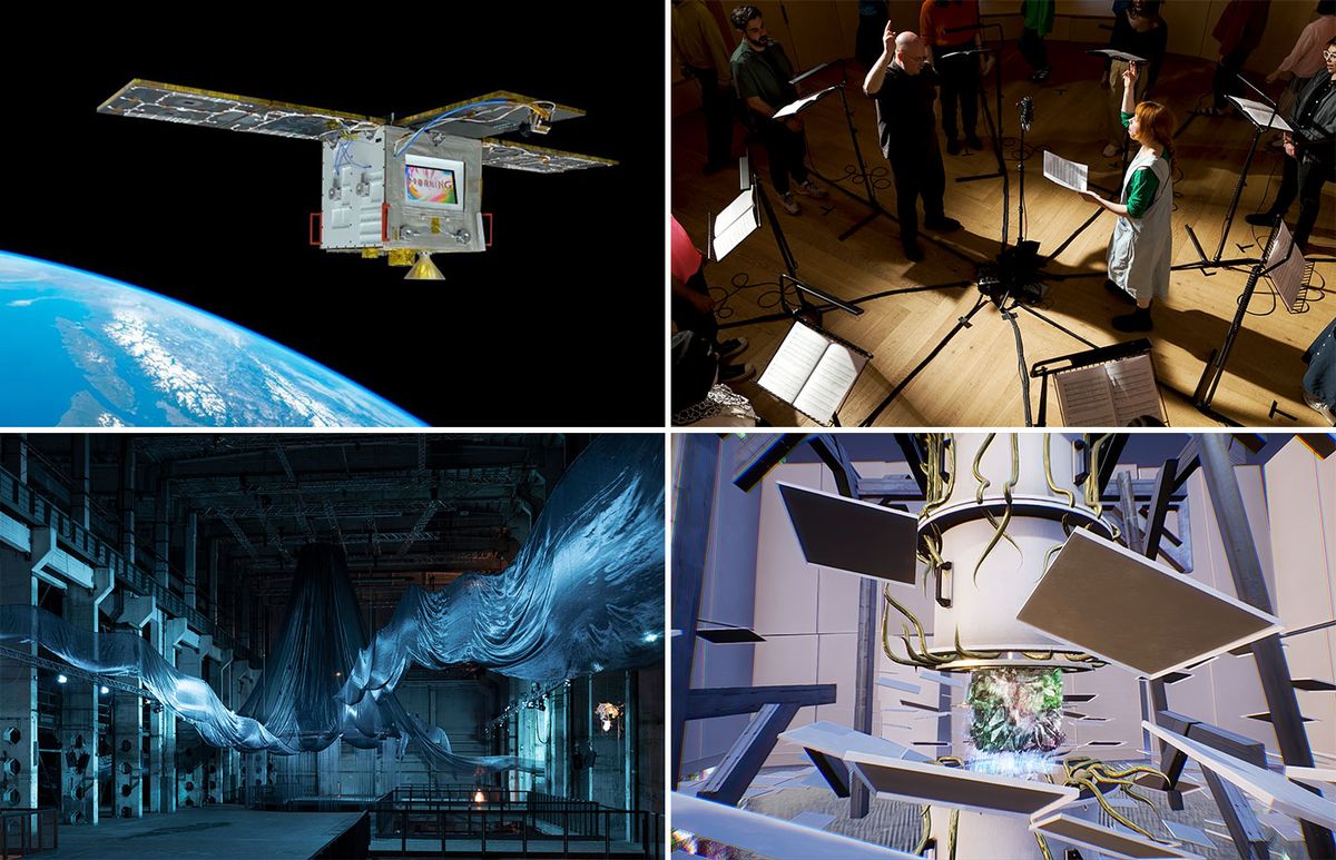 Artists at one with technology. Clockwise from top left: Xu Bing Space Art Residency Program, 2024, visualisation by Kac Studio based on a photograph provided by Xu Bing Studio; Holly Herndon and Mathew Dryhurst making a recording for The Call (2024), Serpentine, London; Libby Heaney, Ent- (many paths version), (2022), Unreal Engine 4 app with quantum computing code; Laure Prouvost, WE FELT A STAR DYING (2025), installation view at Kraftwerk Berlin, commissioned by LAS Art Foundation and co-commissioned by OGR Torino Xu Bing: © Xu Bing Studio. Herndon and Dryhurst © Leon Chew. Heaney: Courtesy of the artist. Prouvost: © 2025 Laure Prouvost, photograph by Andrea Rossetti