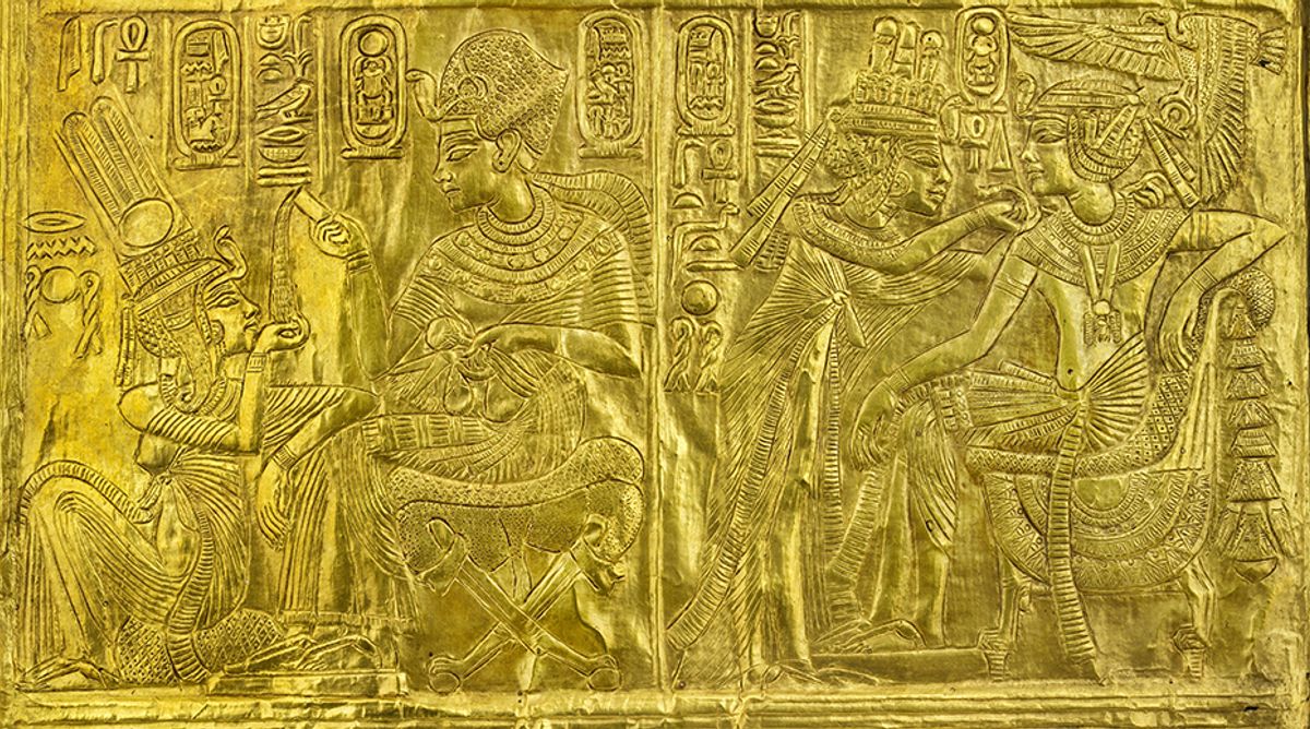 GIlded wooden shrine with scenes of Tutanhkhamun Ankhesenamun Laboratoriorosso Viterbo Italy