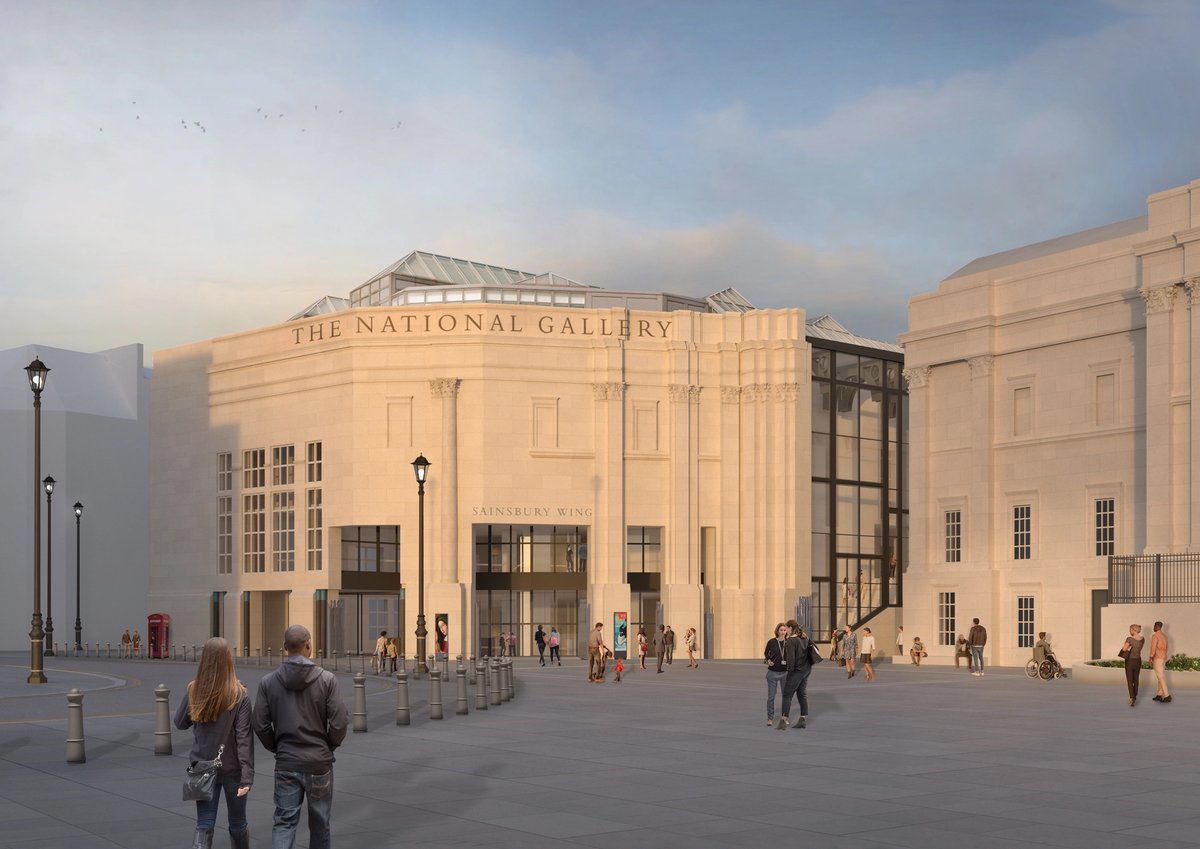 View from Trafalgar Square approaching the Sainsbury Wing, with new transparent glass, reconfigured gates, and new seating © Selldorf Architects