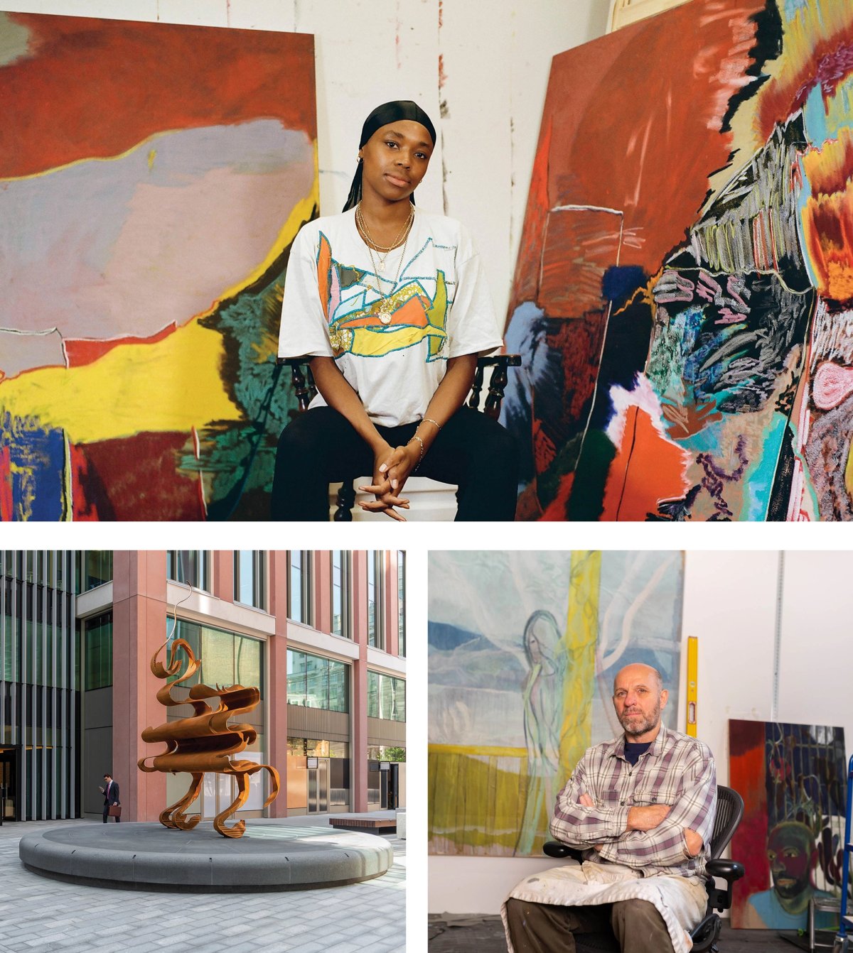 Rachel Jones (top) and Peter Doig (right) have left their galleries, while Nick Hornby says he has to explore “atypical scenarios” to realise public sculptures such as Power over others is Weakness disguised as Strength (2023, left)
Jones: Photo Adama Jalloh, Courtesy Thaddaeus Ropac gallery. Dornby: © Nick Hornby Studios. Doig: Photo Fergus Carmichael, Courtesy The Courtauld