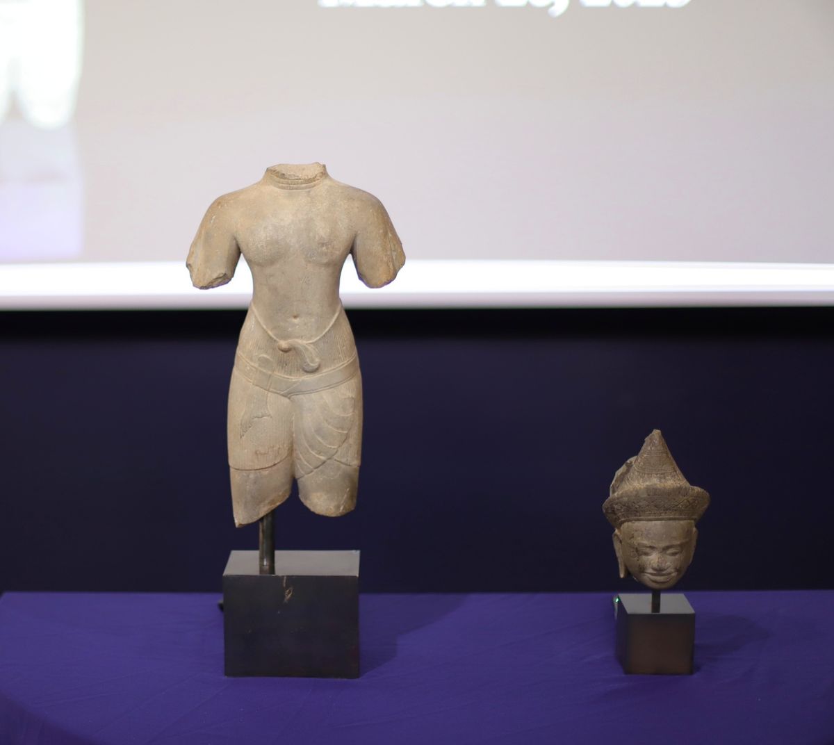 The two Khmer antiquities returned to Cambodian authorities in a ceremony on 26 March Photo: Royal Embassy of Cambodia, Washington, DC, via Facebook