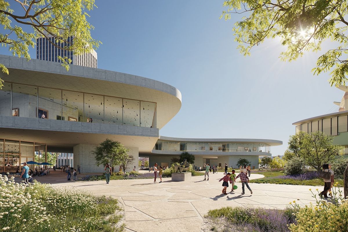 Exterior rendering southwest from Hancock Park, Pavilion for Japanese Art on the far right, rendering of David Geffen Galleries at Lacma Courtesy of Atelier Peter Zumthor/The Boundary