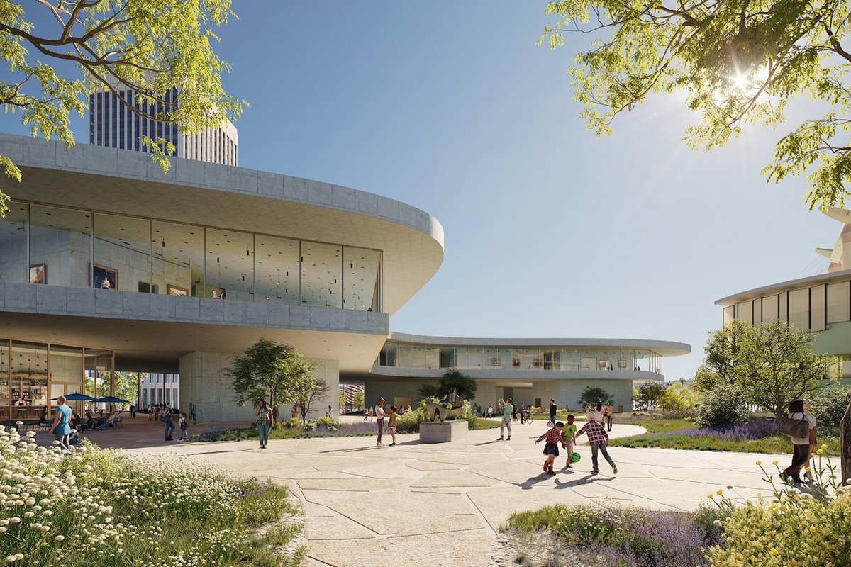 Exterior rendering southwest from Hancock Park, Pavilion for Japanese Art on the far right, rendering of David Geffen Galleries at Lacma Courtesy of Atelier Peter Zumthor/The Boundary