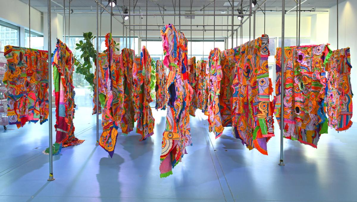Costumes from a Ghanaian festival form Martin Wöllenstein’s installation Flowing Upstream Courtesy of Volta