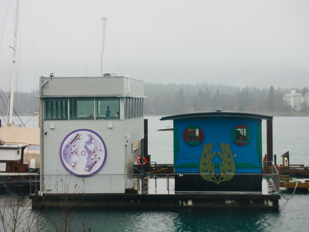 Vancouver's Blue Cabin Floating Artist Residency, including the original 1927 houseboat (right) and the new float home designed by the artist Germaine Koh and the architect Marko Simcic (left) Photo by Hadani Ditmars