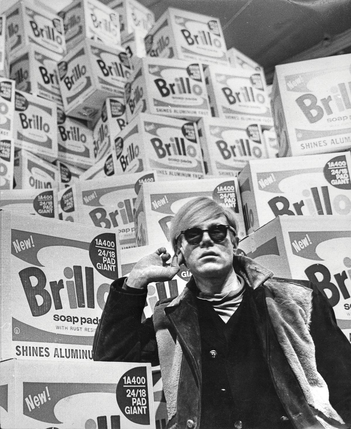 Andy Warhol at the Moderna Museet in 1968 with his original Brillo Boxes (1964) © 1968; Lasse Olsson/DN/Scanpix