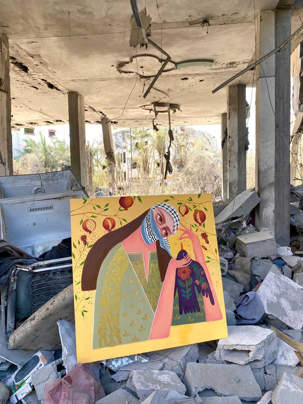 After the ceasefire, Asma’a Jeathni recovered one painting from the rubble of her home Courtesy the artist