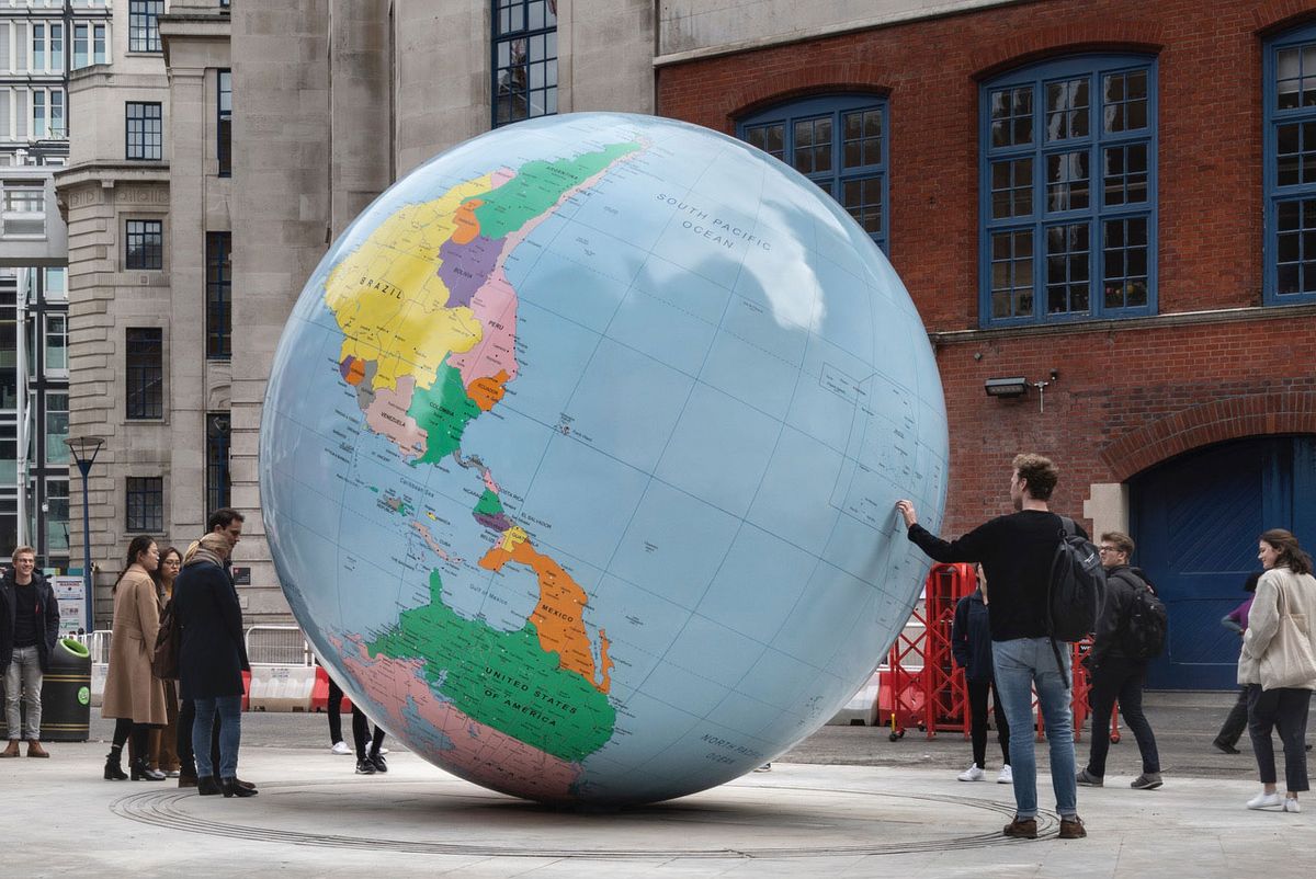 Mark Wallinger's The World Turned Upside Down was unveiled at the entrance of the London School of Economics on 26 March © Damian Griffiths