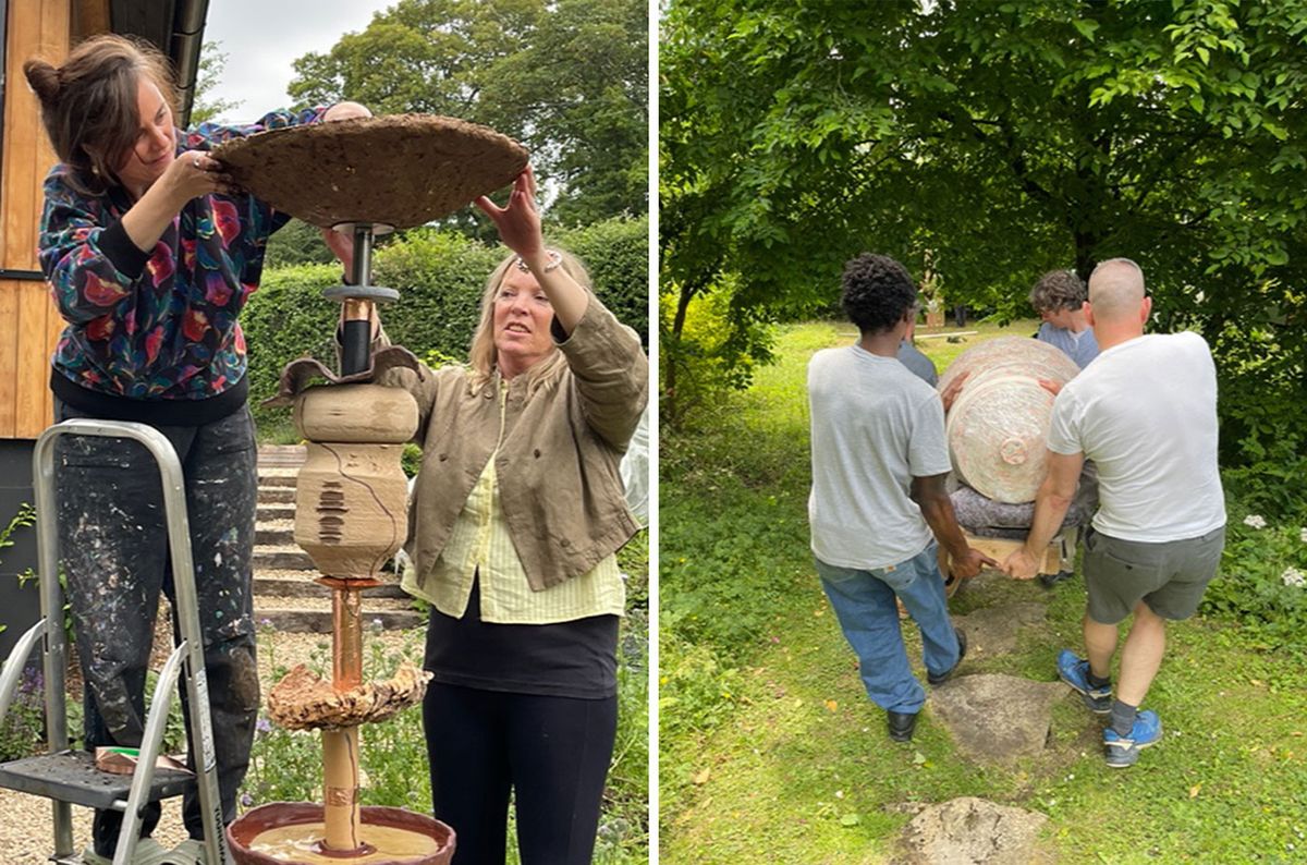 Install day at the 2025 sculpture show at The Hide, in Gloucestershire—part of the Site Festival around the Stroud Valleys—with the artists Jessica Akerman (far left) and Andrea V.Wright (second left) setting up a piece in the garden Courtesy: The Hide