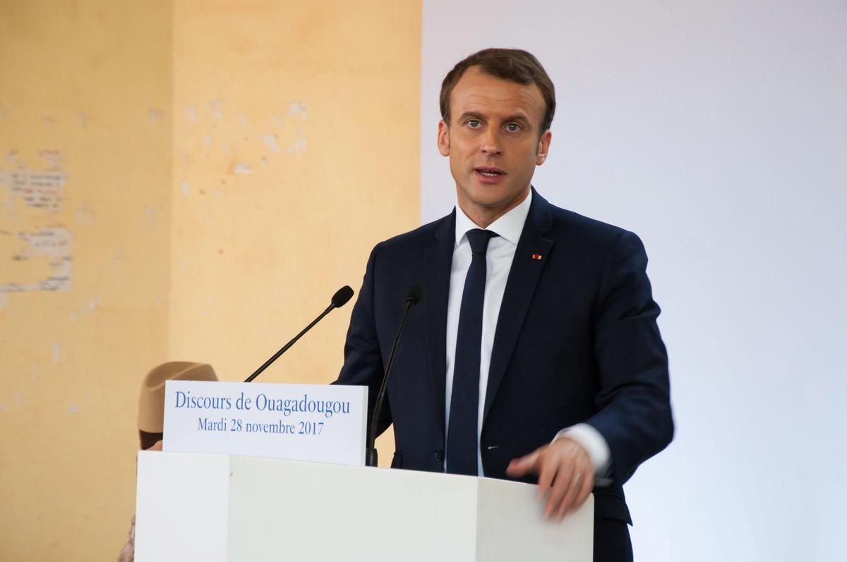 President Emmanuel Macron delivering a speech at the University of Ouagadougou in Burkina Faso in November 2017, during which he discussed the return of African heritage from European collections
Guillaume Destombes / Alamy Stock Photo