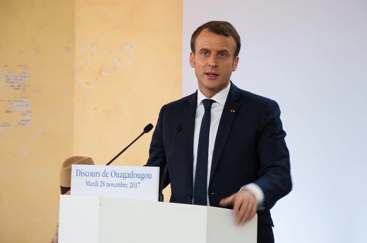 President Emmanuel Macron delivering a speech at the University of Ouagadougou in Burkina Faso in November 2017, during which he discussed the return of African heritage from European collections
Guillaume Destombes / Alamy Stock Photo