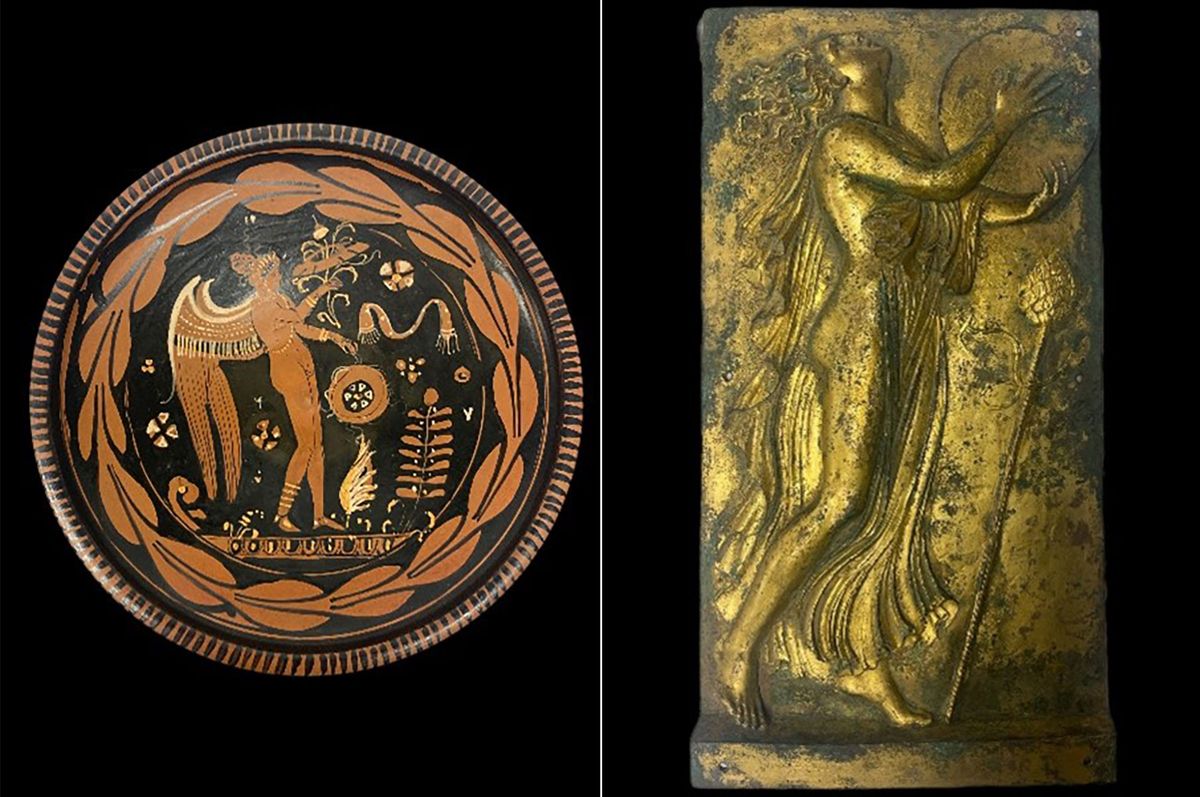 Looted artefacts returned by the Manhattan District Attorney's office to Italian authorities this week include an Apulian plate dated to around 350BCE (left) and a gilded bronze plaque from the first or second century CE Courtesy Manhattan District Attorney's Office