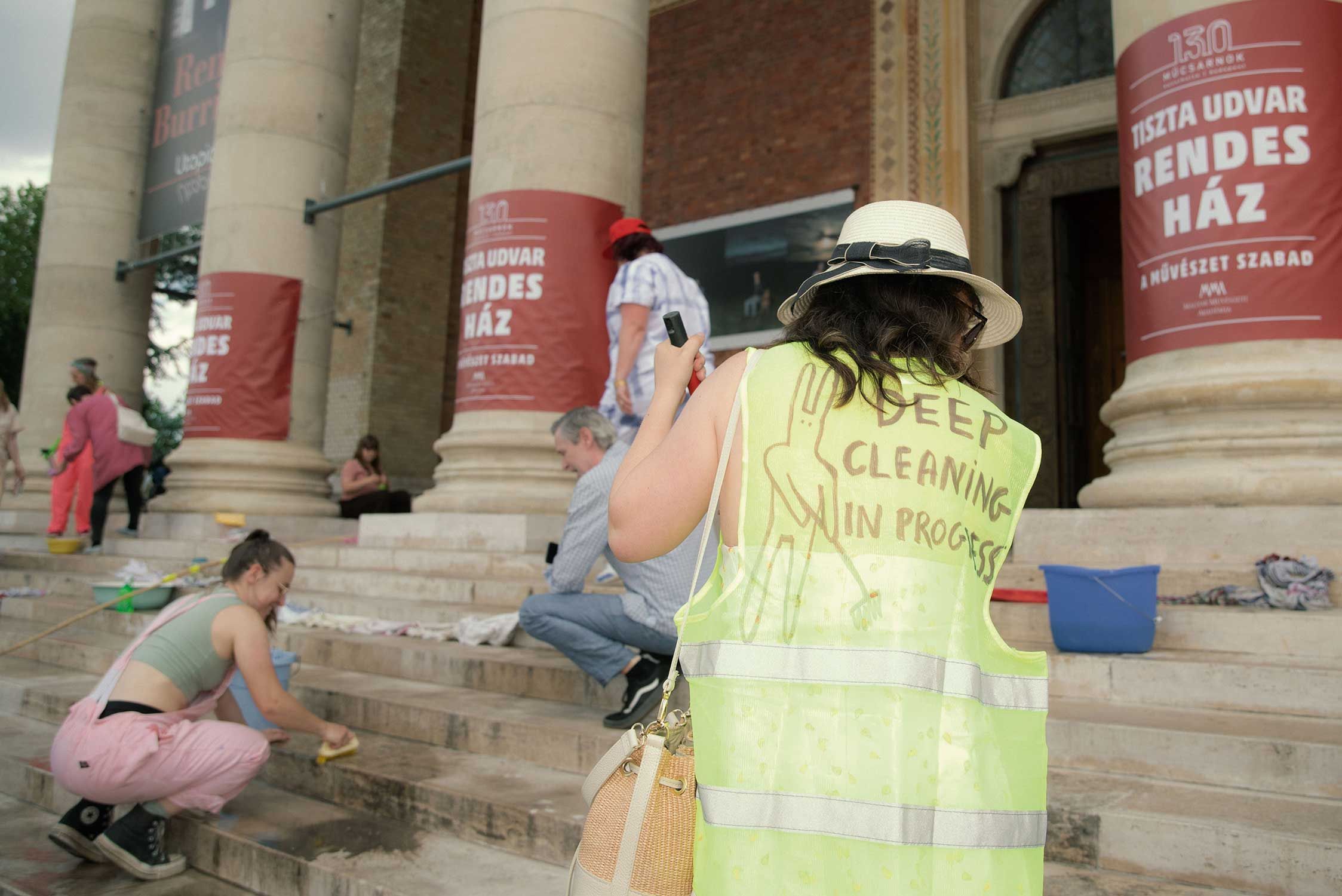 Sweeping away the past: the intervention Deep Cleaning in Progress at Budapest’s Kunsthalle by a group of artists and curators in June Photo: Laura Wilhelm