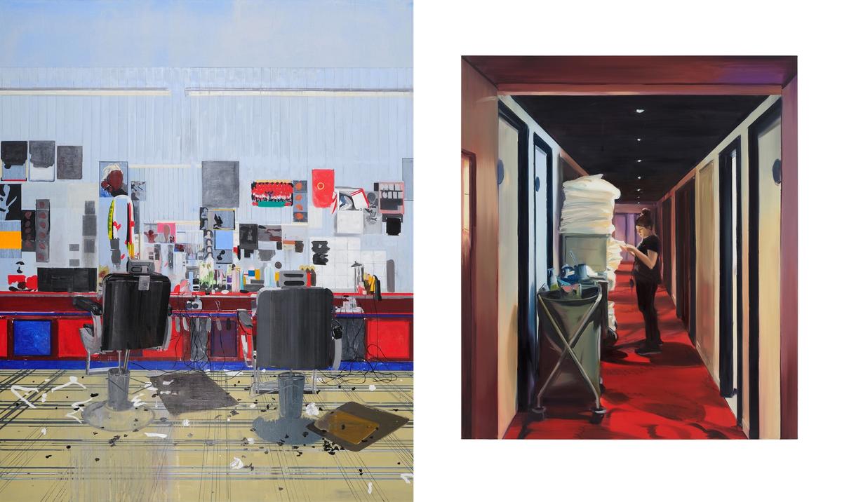 Left: Hurvin Anderson, Afrosheen, 2009. Right: Caroline Walker, Corridor, Outside Room 535, 2018
© Hurvin Anderson. Courtesy the artist and Thomas Dane Gallery. © Caroline Walker. Courtesy the Artist; GRIMM, Amsterdam/New York/ London; Ingleby Gallery, Edinburgh; and Stephen Friedman Gallery, London and New York. Photo: Peter Mallet