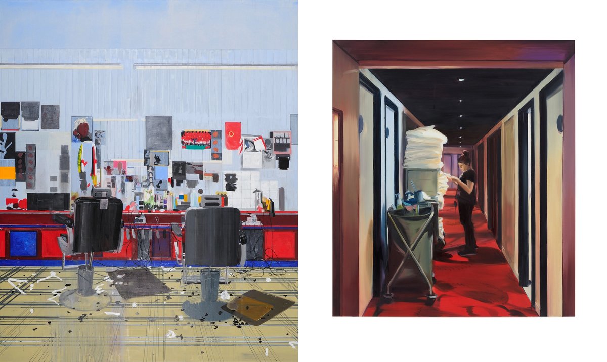 Left: Hurvin Anderson, Afrosheen, 2009. Right: Caroline Walker, Corridor, Outside Room 535, 2018
© Hurvin Anderson. Courtesy the artist and Thomas Dane Gallery. © Caroline Walker. Courtesy the Artist; GRIMM, Amsterdam/New York/ London; Ingleby Gallery, Edinburgh; and Stephen Friedman Gallery, London and New York. Photo: Peter Mallet