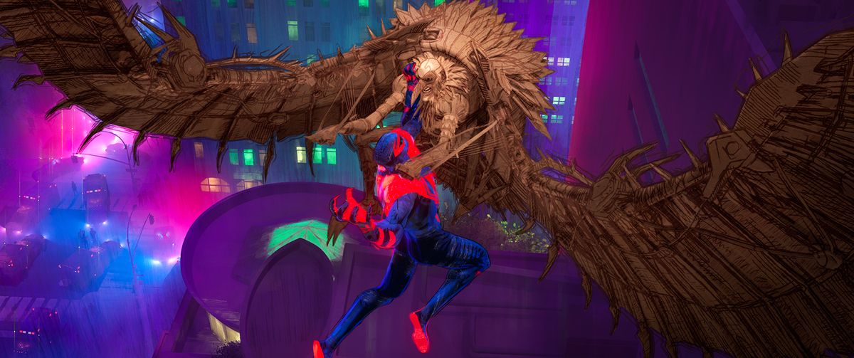 Miguel O’ Hara (Oscar Isaac) clashes with Vulture (Jorma Taccone) above New York's Guggenheim Museum in Columbia Pictures and Sony Pictures Animations’ Spider-Man: Across the Spider-Verse (2023). Sony Pictures Animation. © 2023 CTMG, Inc. All Rights Reserved.