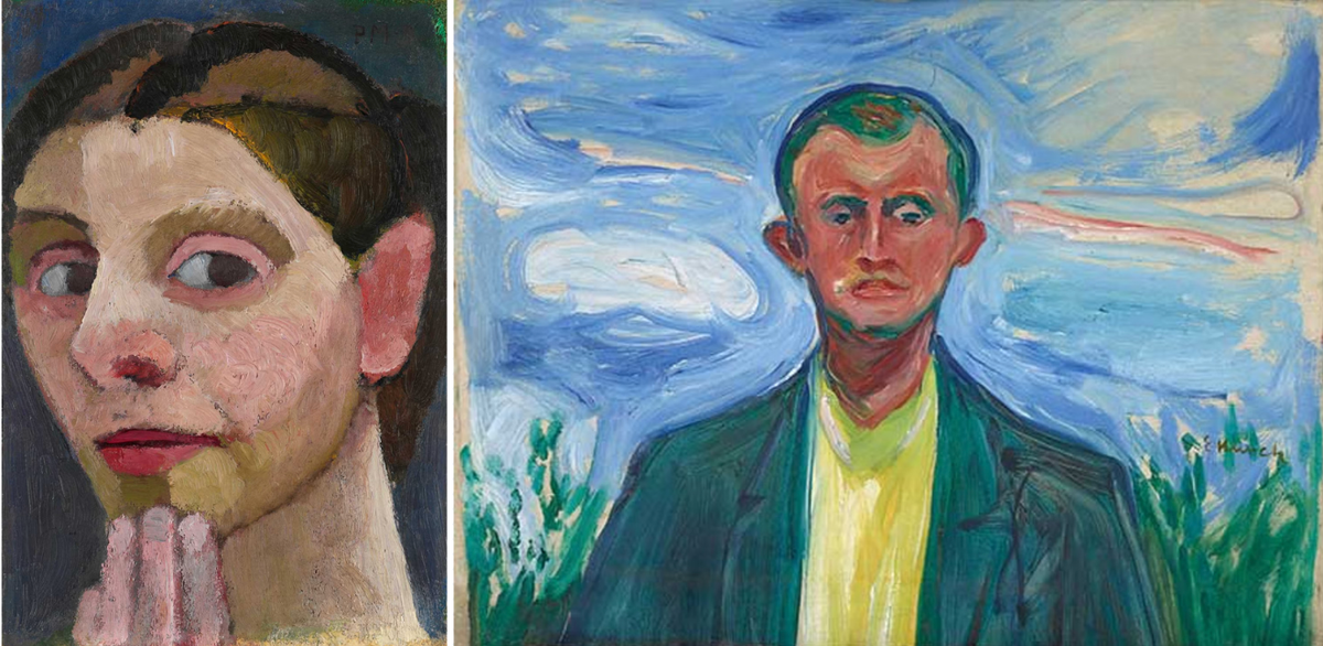 The German Modernist Paula Modersohn-Becker is paired with Edvard Munch in a show at the Albertinum, Dresden. Left: Modersohn-Becker’s Self-portrait With Hand on Chin (1906/07); right: Munch’s Self-Portrait Against a Blue Sky (1908) Modersohn-Becker: © Landesmuseum Hannover/ARTOTHEK; Munch: © Munchmuseet, Oslo