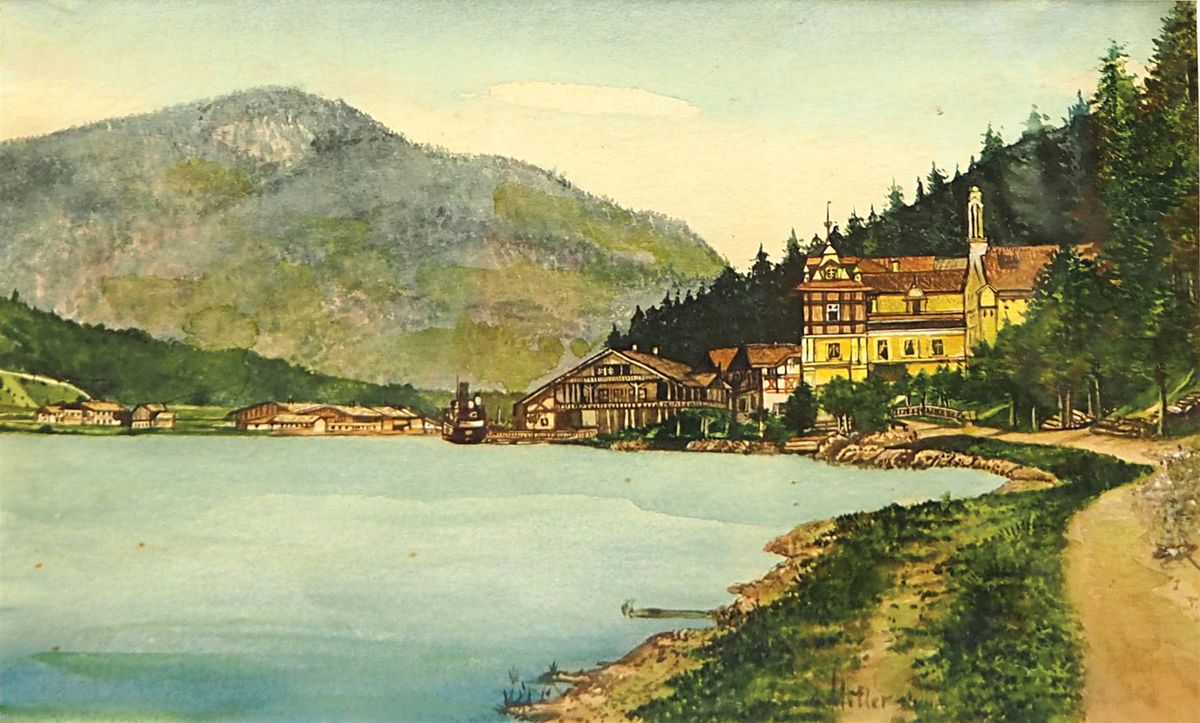 Village by a Mountain Lake, signed A. Hitler, was not among the works seized from Weidler as suspected forgeries. It is still seeking a buyer. Auktionhaus Weidler