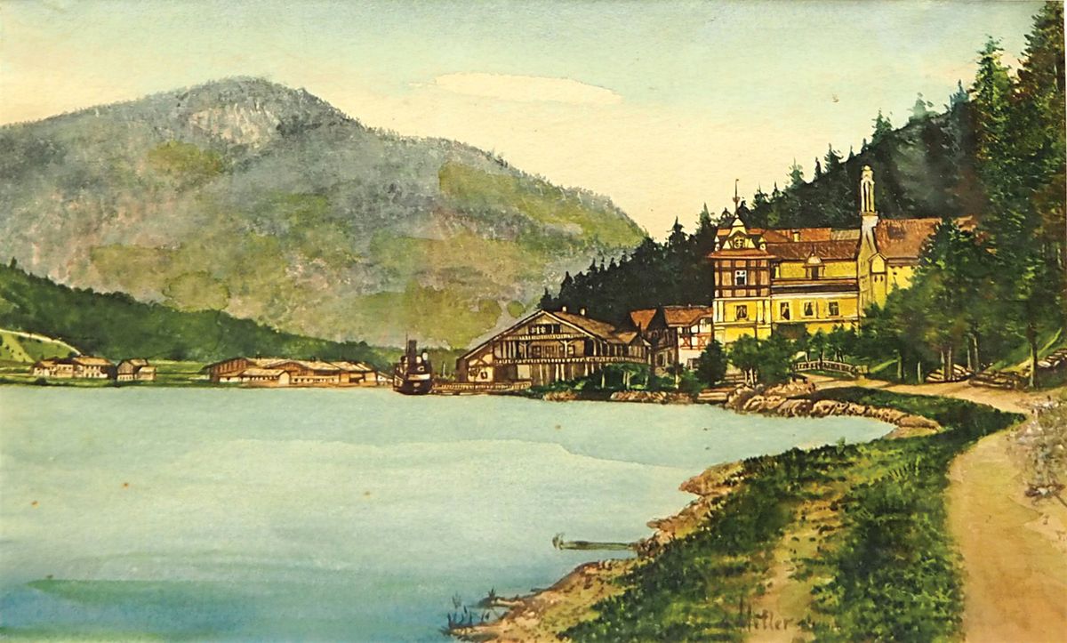 Village by a Mountain Lake, signed A. Hitler, was not among the works seized from Weidler as suspected forgeries. It is still seeking a buyer. Auktionhaus Weidler