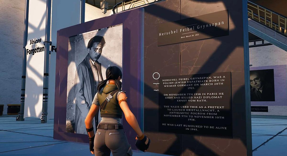 A player in Fortnite explores Holocaust exhibitions at Voices of the Forgotten, a virtual museum created by Los Angeles-based game designer Luc Bernard
Courtesy Luc Bernard