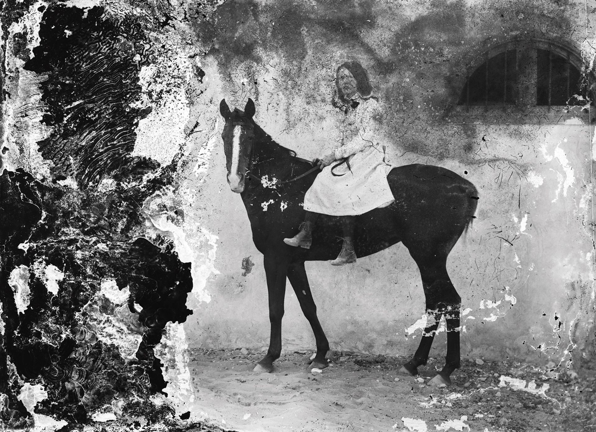Selim Abu Izzedine’s Portrait of a woman on a horse (1900s, Egypt) has been digitally converted from a gelatin silver negative on glass Faysal Abu Izzeddin Collection; Courtesy of the Arab Image Foundation