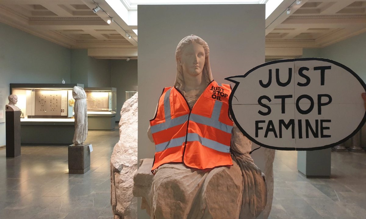 Just Stop Oil protestors place high-vis jacket on ancient Greek statue at the British Museum Just Stop Oil protestors place high-vis jacket on ancient Greek statue at the British Museum