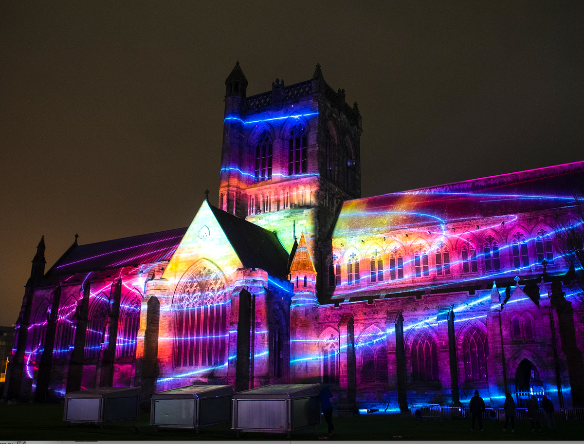 Paisley Abbey was illuminated by a 25-minute light show for the launch of Unboxed, UK. Courtesy of About Us. Photo: Lesley Martin