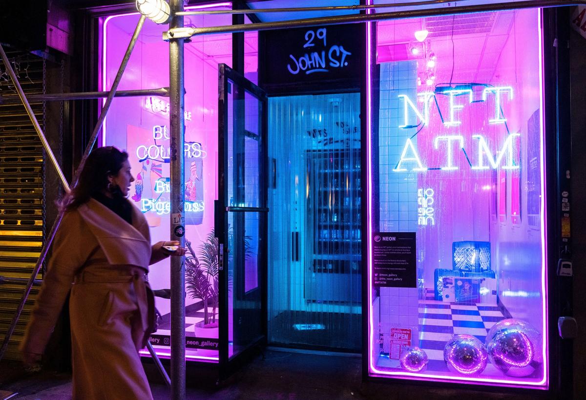 An NFT ATM opened in downtown Manhattan, New York City, last November. In 2021, the market was worth over $17bn; since then, daily average individual sales have fallen by 92%

Alamy Stock Photo



