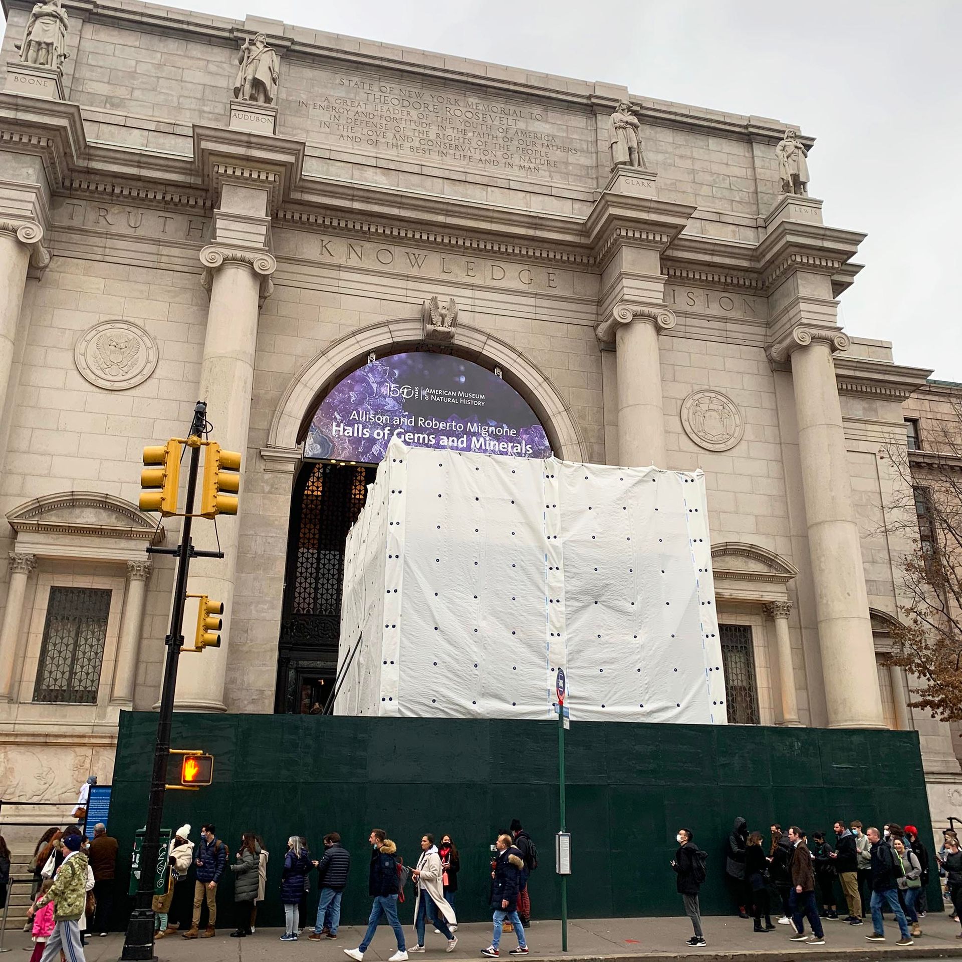 Scaffolding surrounds the statue of Theodore Roosevelt outside the American Museum of Natural History in early January 2022, prior to its removal © The Art Newspaper
