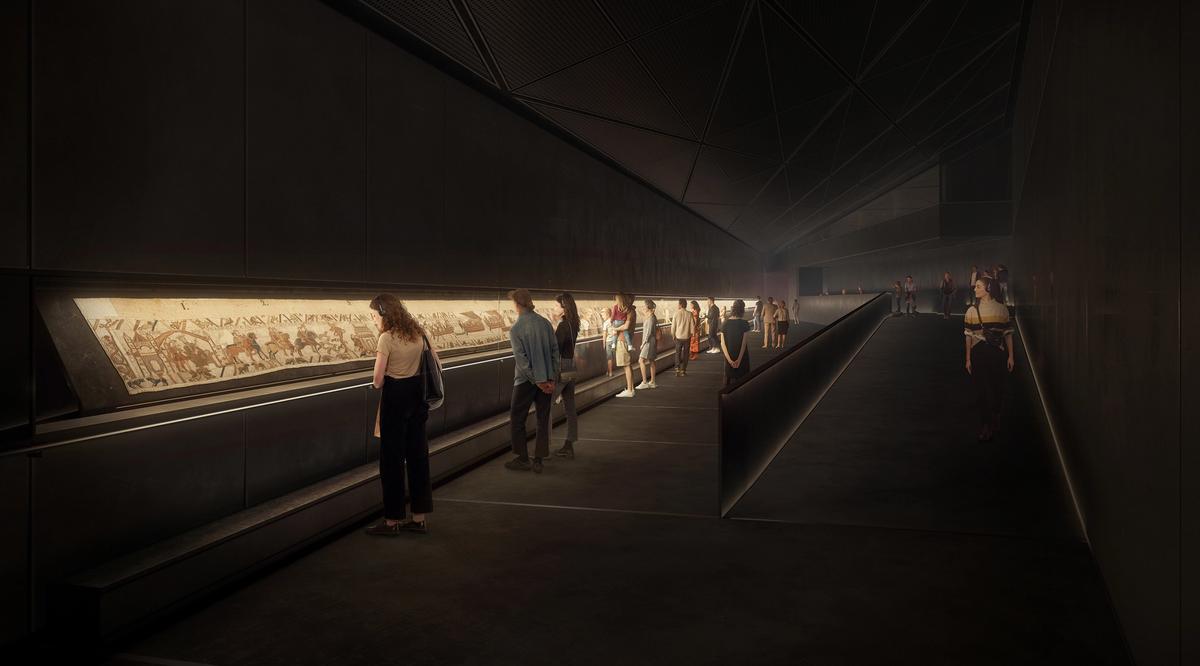A rendering of how the Bayeux Tapestry Museum, following a €38m renovation and enlargement, will display its famed work in a continuous length, at a 60-degree angle from the horizontal, when it reopens in October 2027
Image: © RSHP