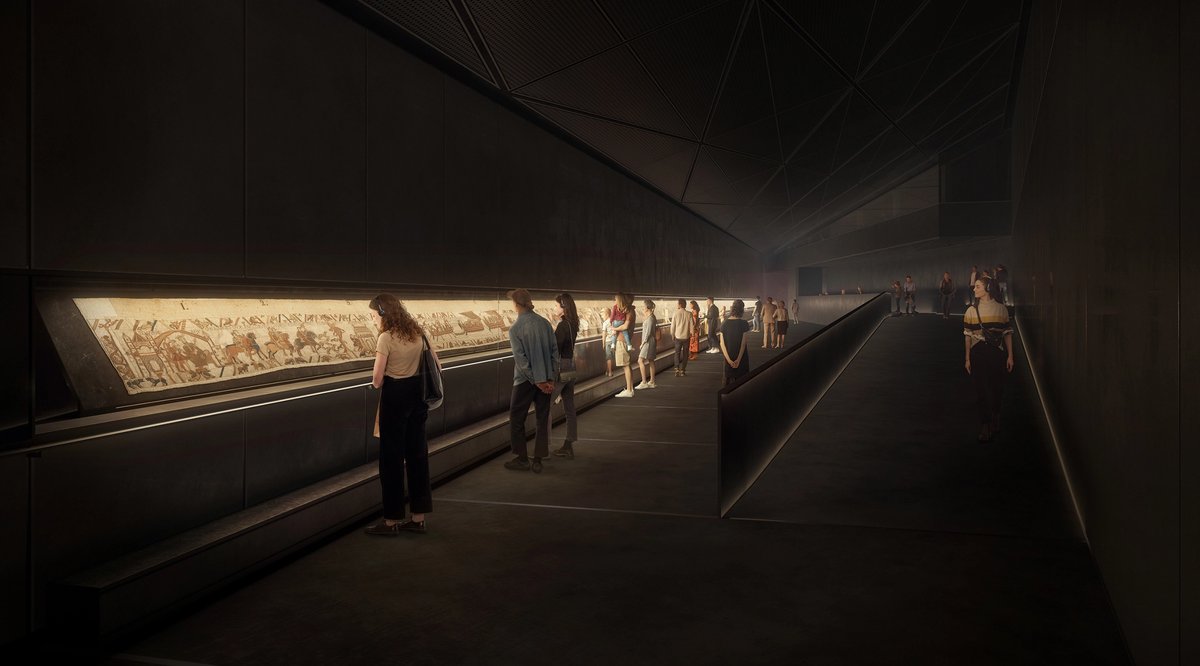 A rendering of how the Bayeux Tapestry Museum, following a €38m renovation and enlargement, will display its famed work in a continuous length, at a 60-degree angle from the horizontal, when it reopens in October 2027
Image: © RSHP