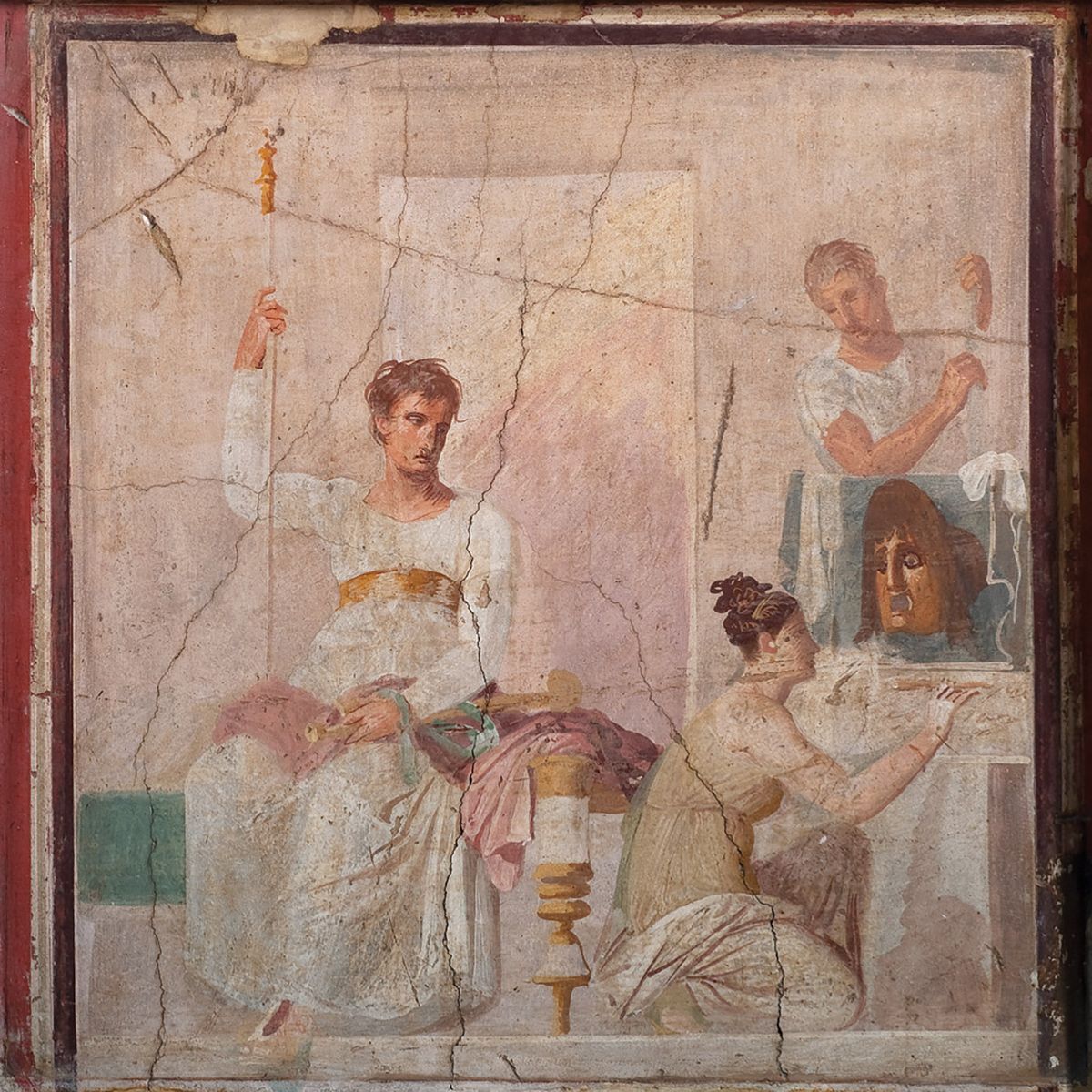 A fresco from Herculaneum (AD30-AD40) of an actor dressed as king, and female figure with a small painting of a mask Museo Archeologico Nazionale di Napoli