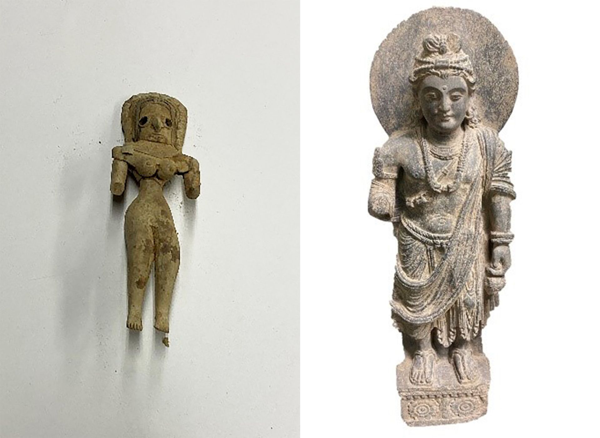 One of the seized Mehrgarh dolls (left) and the Gandharan statue of a maitreya (right) being returned to Pakistan. Courtesy of the Manhattan district attorney's office.