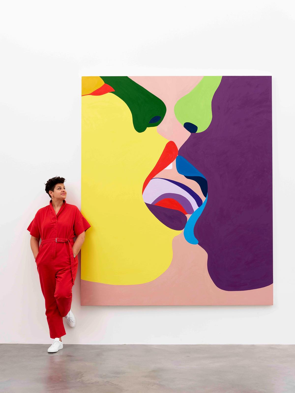 Helen Beard with her work, Cyssan (2017), the Old English word for "kissing" Newport Street Gallery