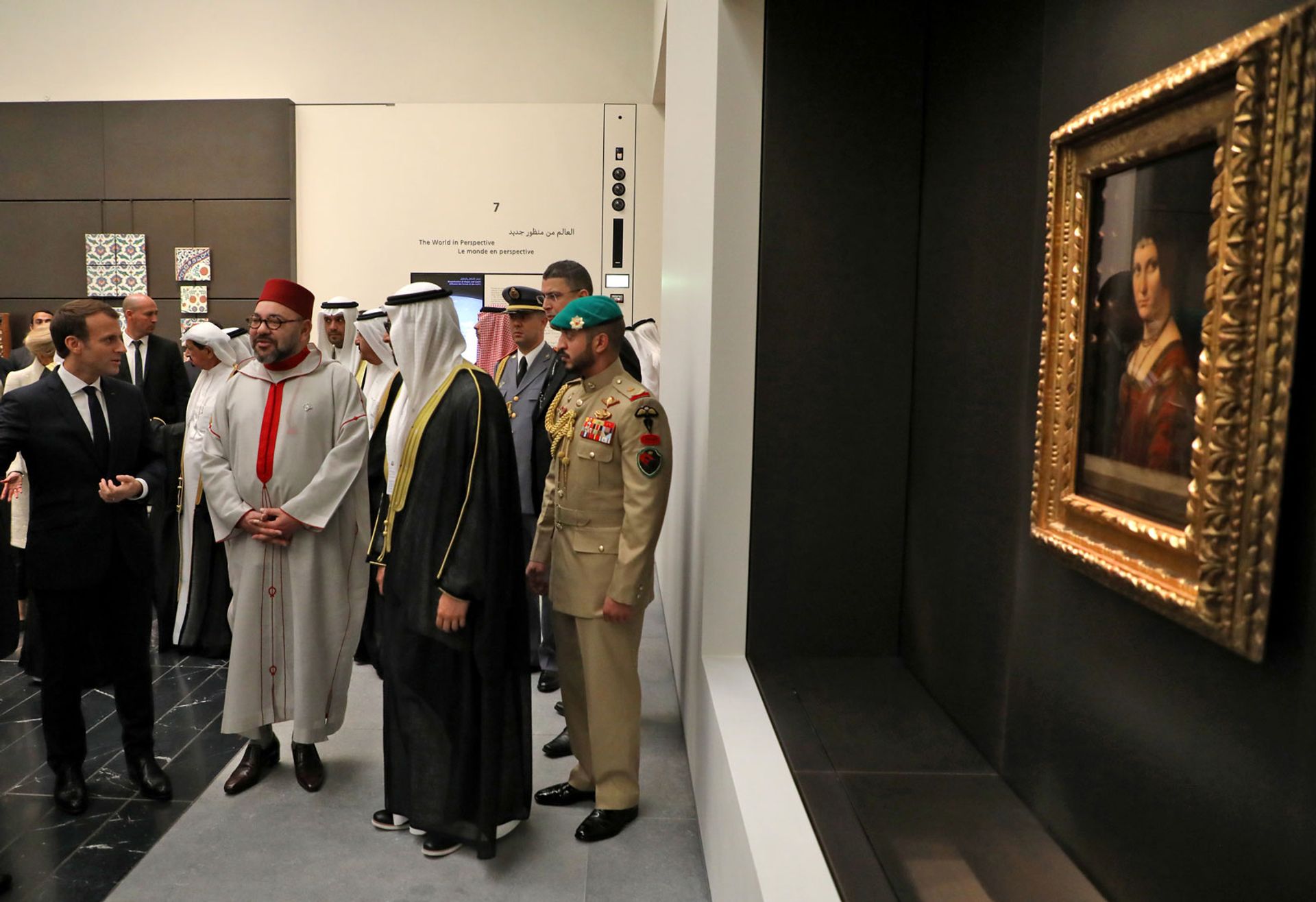 Leonardo's Salvator Mundi is due to go on show at Louvre Abu Dhabi alongside the artist's La Belle Ferronnière (around 1490), seen here with French President Emmanuel Macron and Moroccan King Mohammed VI REUTERS/Ludovic Marin/Pool
