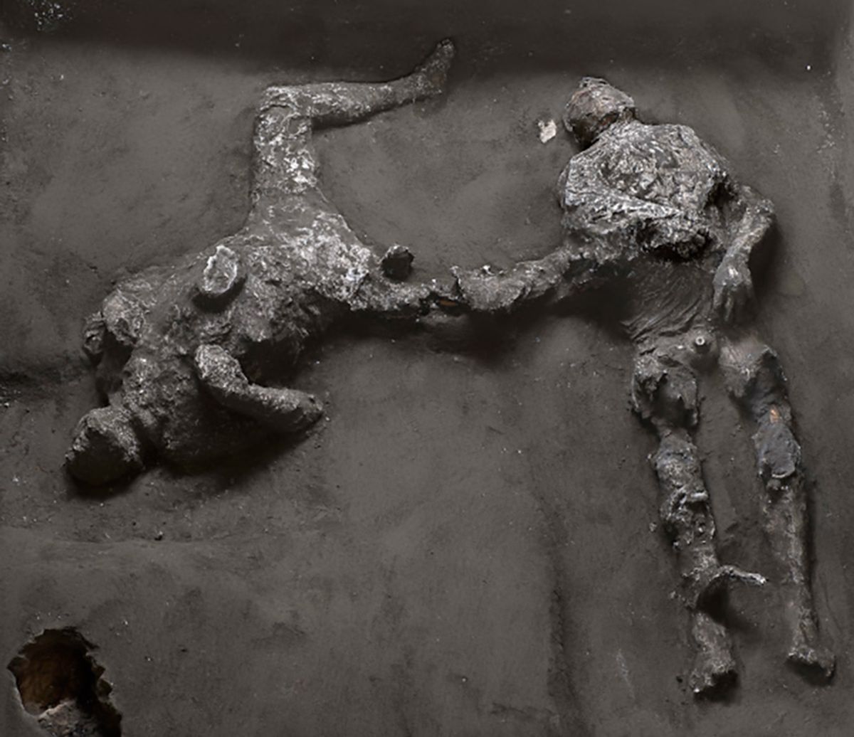 The men—who were were discovered during excavations at the Civita Giuliana, a suburban villa northwest of Pompeii—were identified as a wealthy landowner and his slave Courtesy of the Archaeological Park of Pompeii. Photo: Luigi Spina