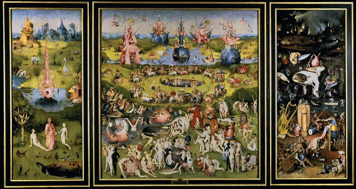 “Bosch’s art gave form to every viewer’s imagined enemy in every here and now”: Hieronymus Bosch’s The Garden of Earthly Delights (around 1500), in its open state. The side panels depict Adam and Eve before the fall and then souls writhing in hell. The central panel depicts a world in which “No one says ‘No’" Album/Oronoz