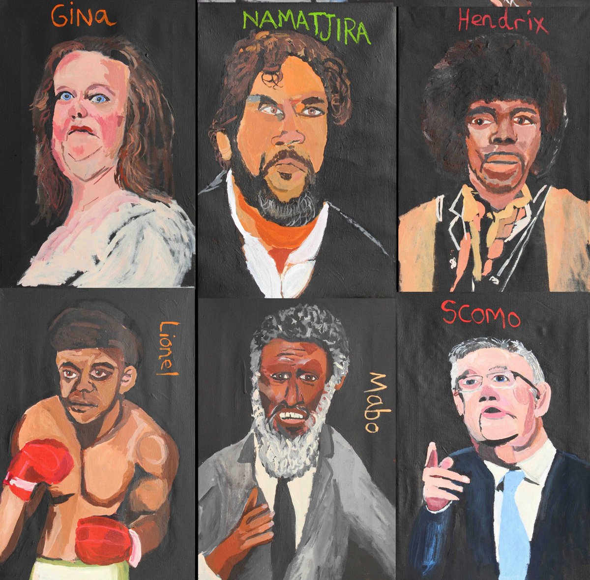 Gina Rinehart top left; the museum has said it "welcomes the public having a dialogue" on its displays
details from Vincent Namatjira: Australia in colour and Indigenous All Stars, 2024 Courtesy National Gallery of Australia, Kamberri/Canberra